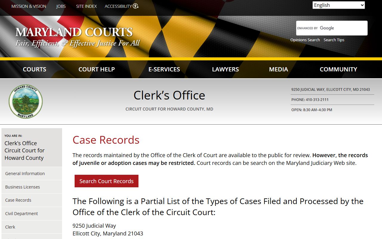 Howard County case records access page for Ellicott City DUI records
