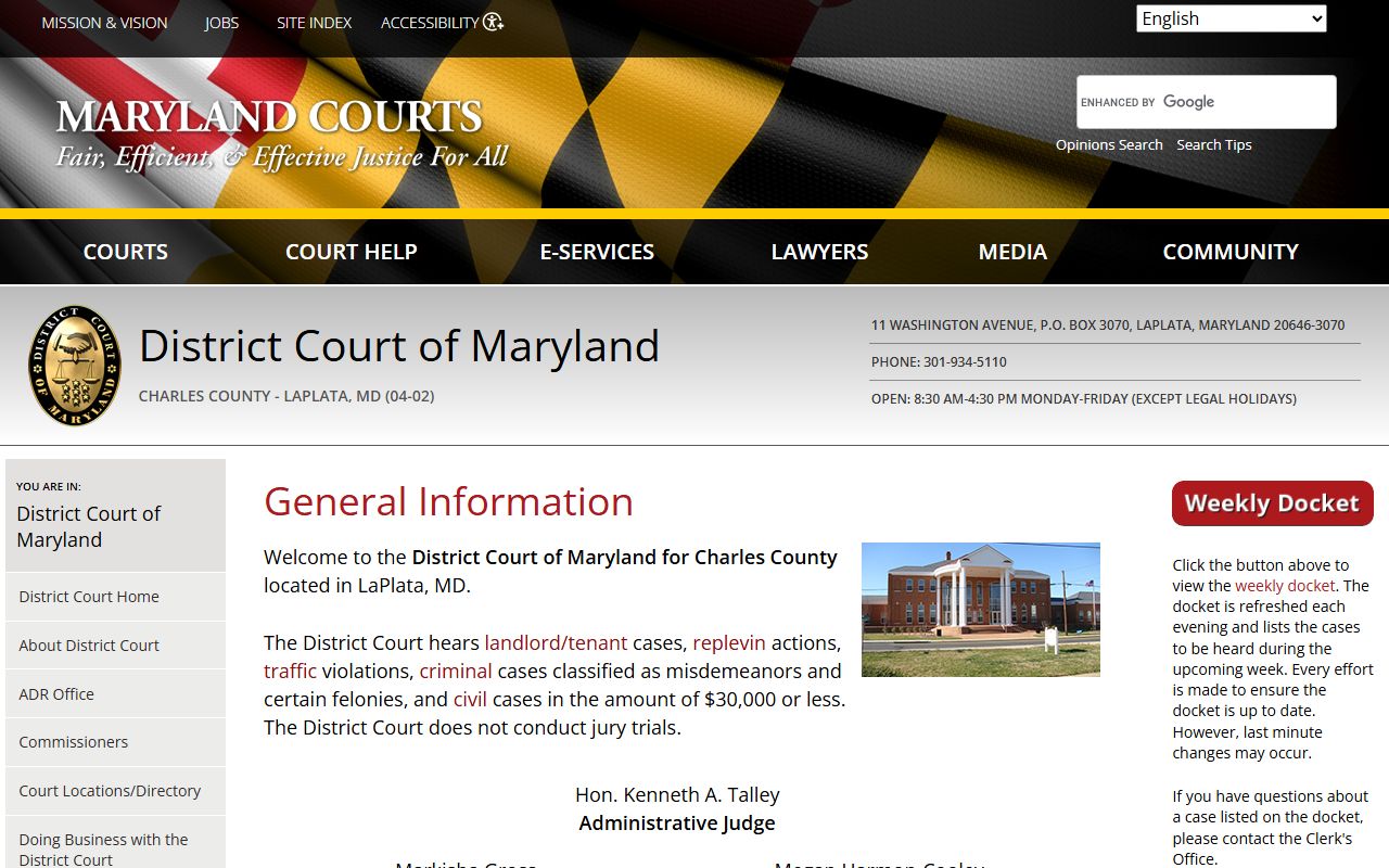 Charles County District Court handling Waldorf DUI case records in La Plata Maryland