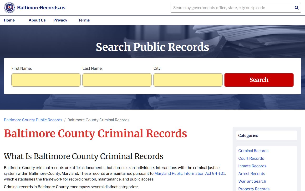 Baltimore County criminal records information for DUI records