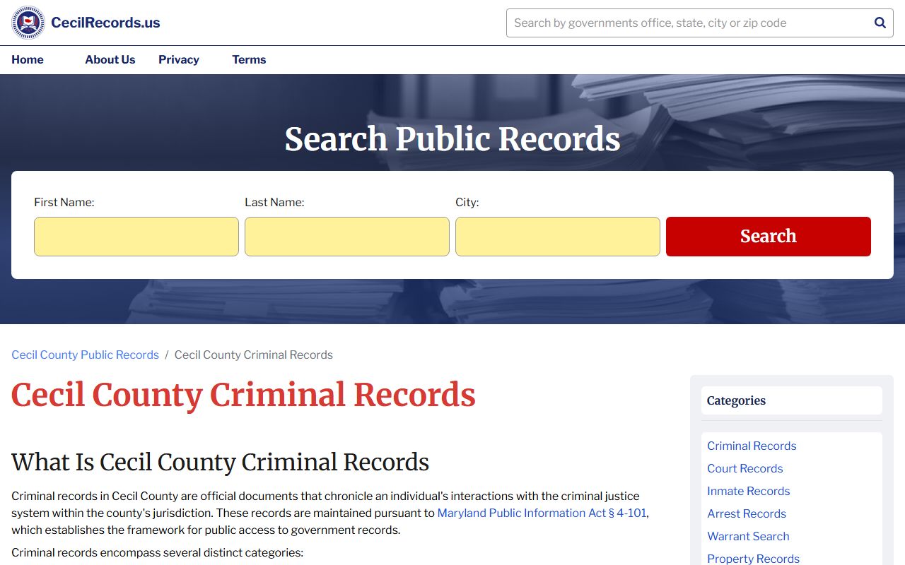 Cecil County criminal records information page for DUI records