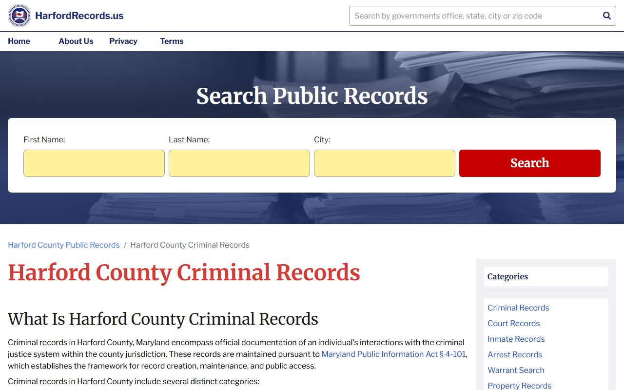 Harford County criminal records information page including DUI records