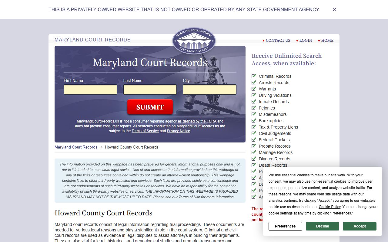Howard County court records information page for DUI records
