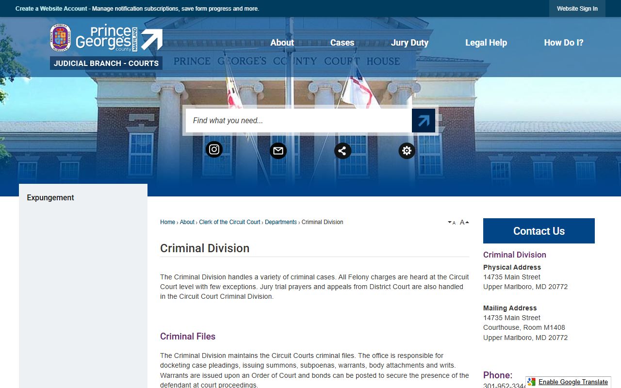Prince George's County Criminal Division court records page for DUI records