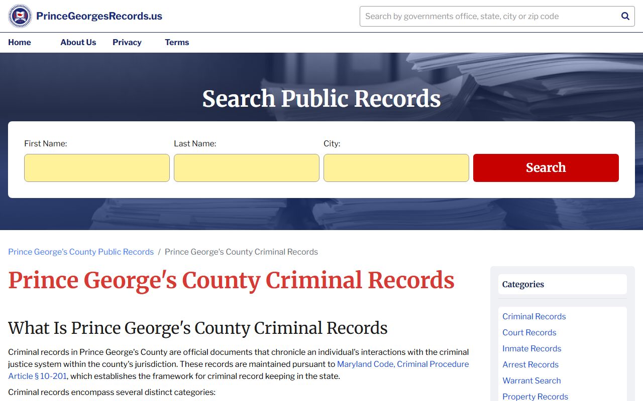 Prince George's County criminal records information including DUI record access