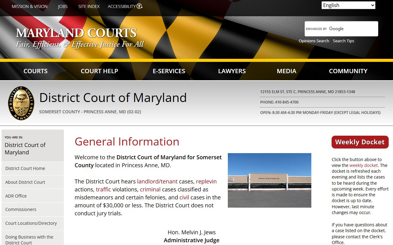 Somerset County District Court directory listing for DUI records and court access