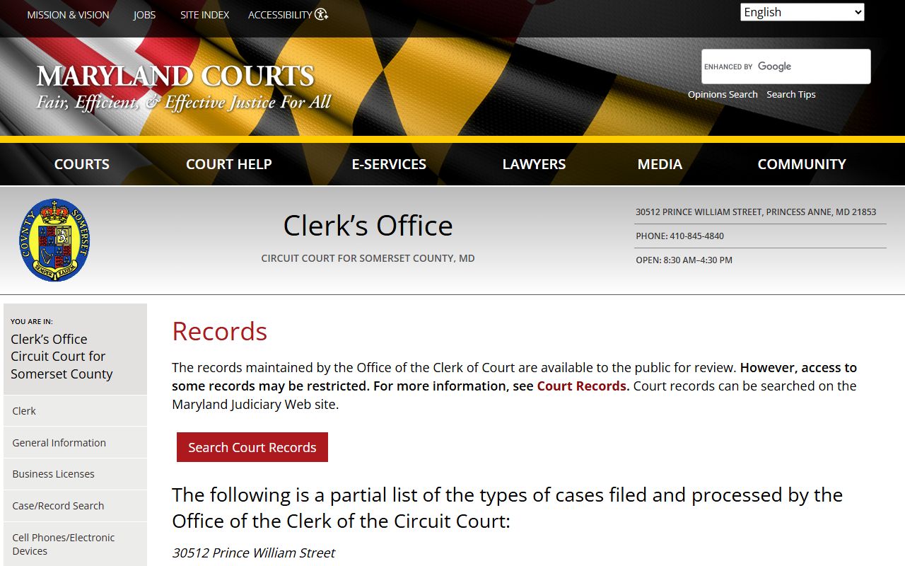 Somerset County Circuit Court records page for DUI records access