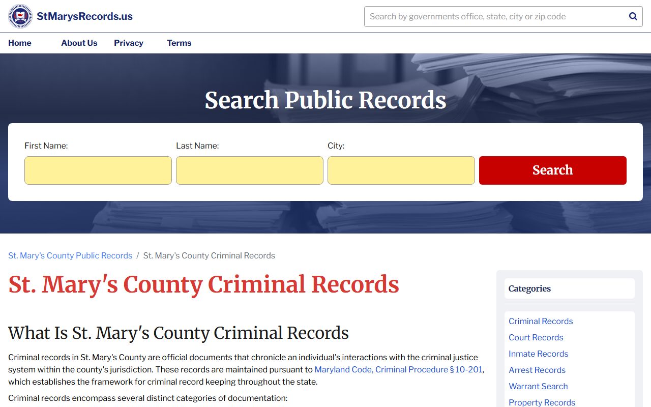 St. Mary's County criminal records information page including DUI case access details