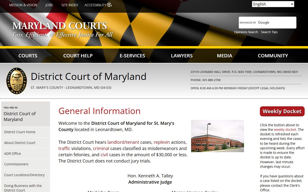 St. Mary's County District Court directory page for DUI records and court information