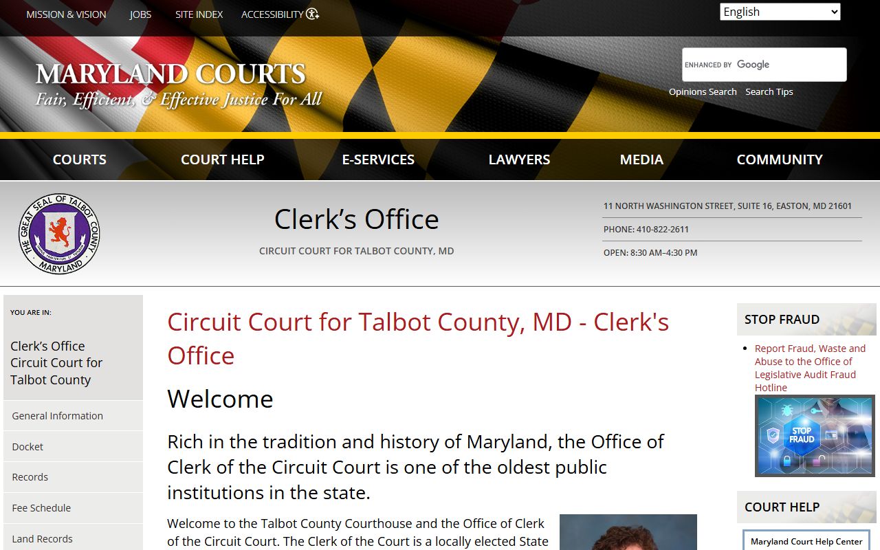 Talbot County Circuit Court clerk page with information on accessing DUI court records