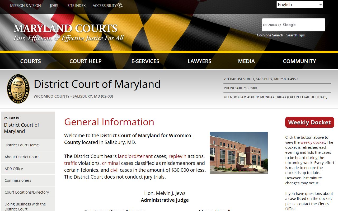 Wicomico County District Court directory for DUI records