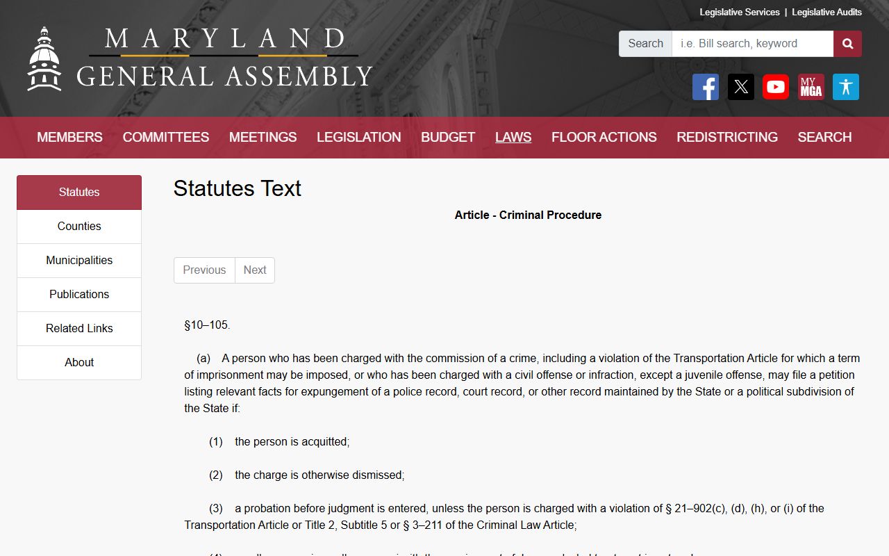 Maryland expungement statute Criminal Procedure Section 10-105 text page