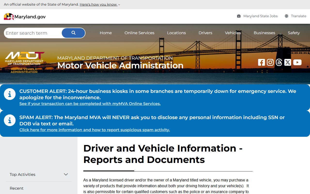 Maryland MVA driver record request information for DUI history