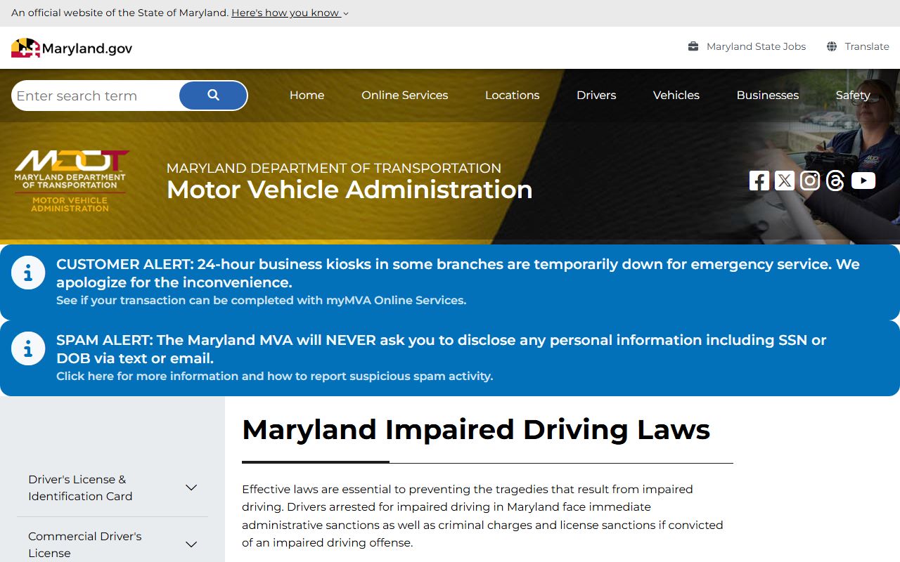 Maryland MVA impaired driving laws page covering DUI and DWI rules