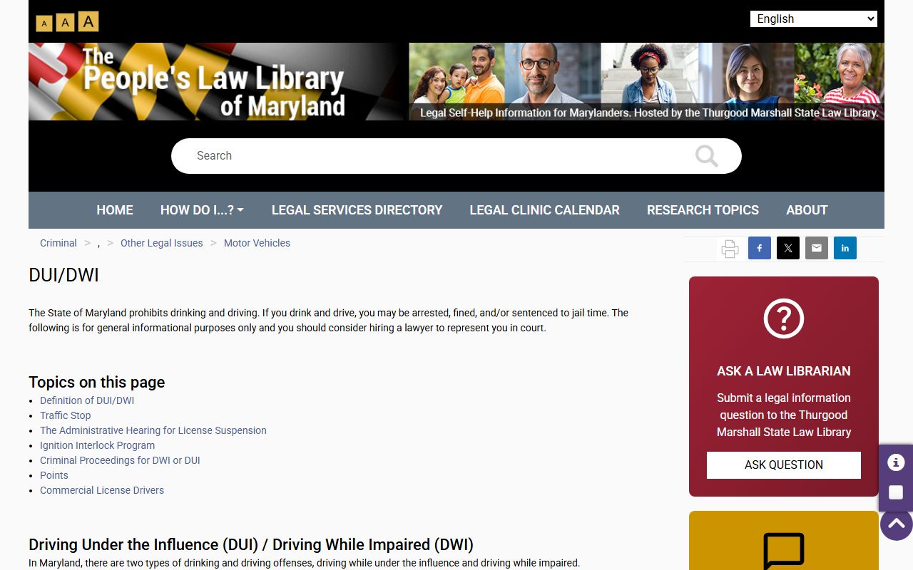 People's Law Library DUI and DWI information page for Maryland